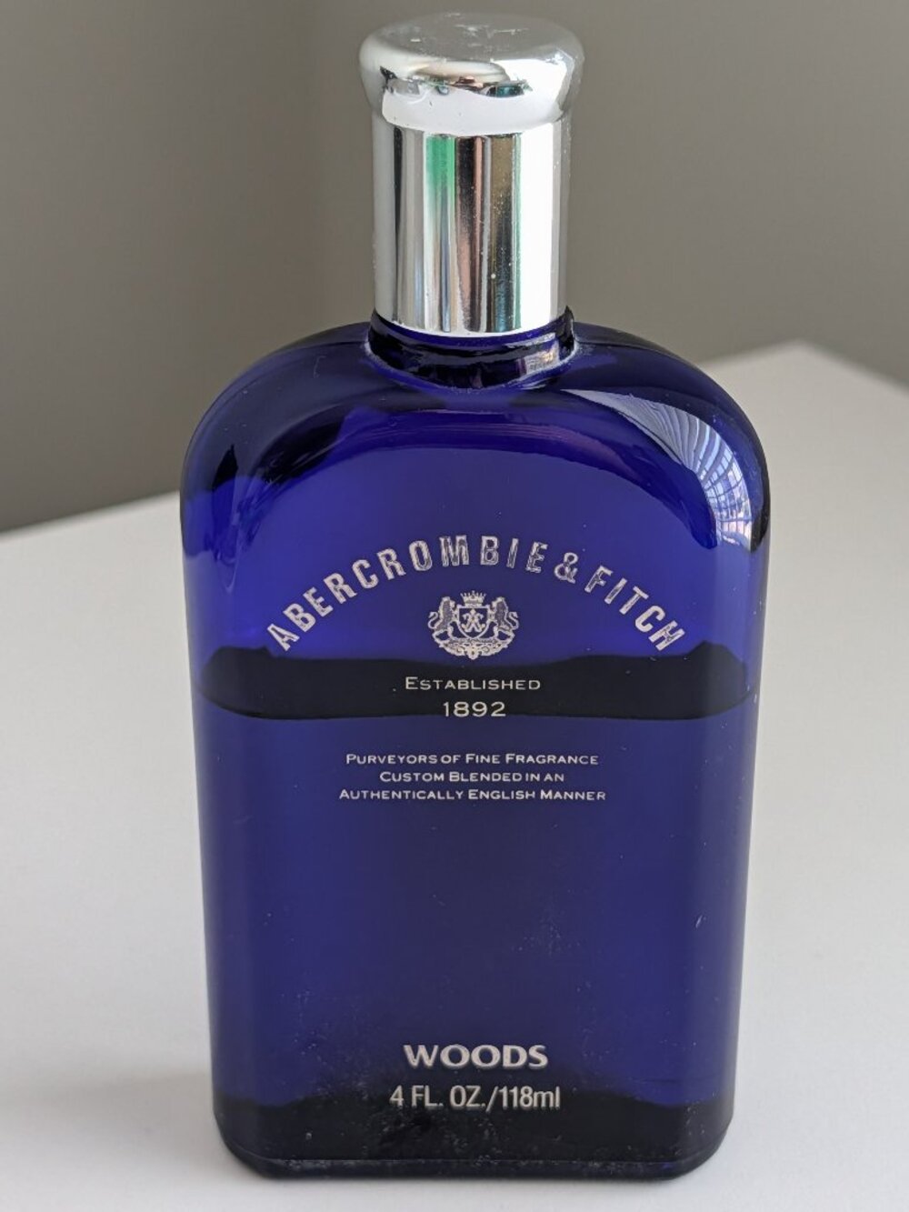 Vintage Abercrombie & Fitch Woods Aftershave 4 oz Blue Glass bottle USA 70% Full